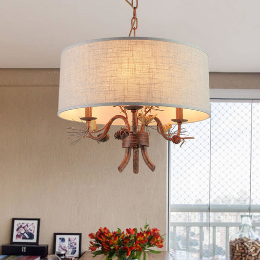 3 Bulbs Ceiling Lamp Drum Shade Fabric Vintage Dining Room Chandelier Pendant Light with Pine Branch Design and Birds Clearhalo 'Ceiling Lights' 'Chandeliers' Lighting' options 560448