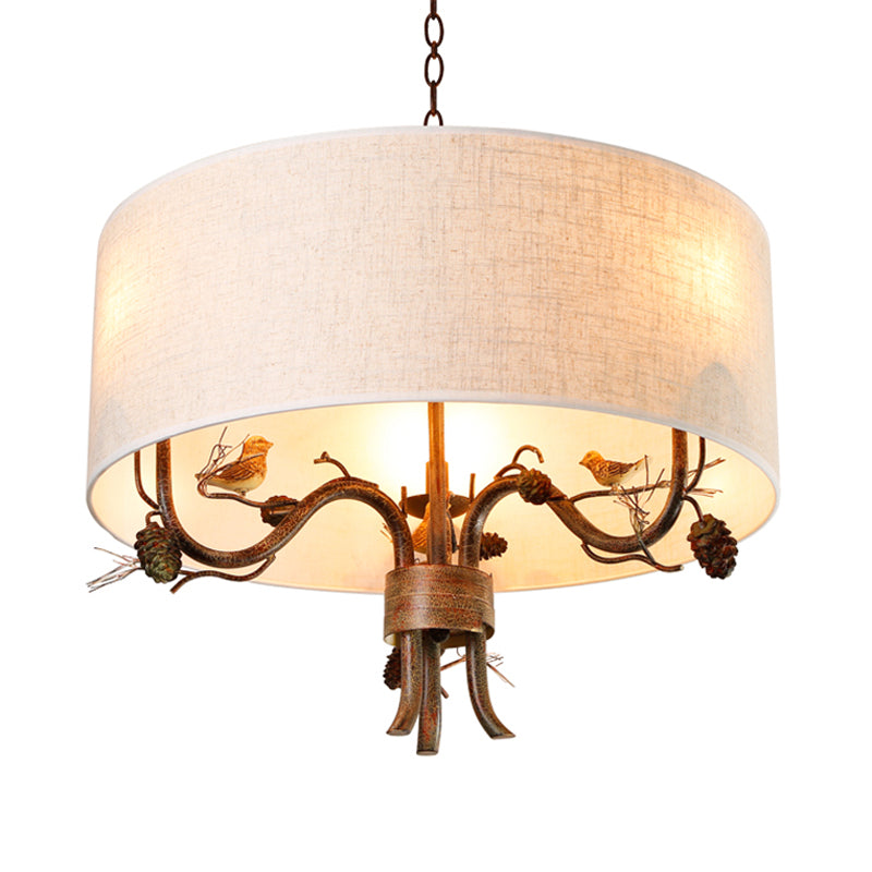 3 Bulbs Ceiling Lamp Drum Shade Fabric Vintage Dining Room Chandelier Pendant Light with Pine Branch Design and Birds Clearhalo 'Ceiling Lights' 'Chandeliers' Lighting' options 560449