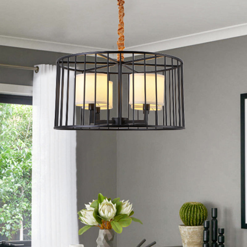 Cylinder Living Room Pendant Chandelier Classic Metal 4 Lights Black Hanging Fixture with Fabric Shade Clearhalo 'Ceiling Lights' 'Chandeliers' Lighting' options 560465