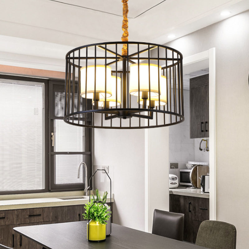 Cylinder Living Room Pendant Chandelier Classic Metal 4 Lights Black Hanging Fixture with Fabric Shade Clearhalo 'Ceiling Lights' 'Chandeliers' Lighting' options 560467