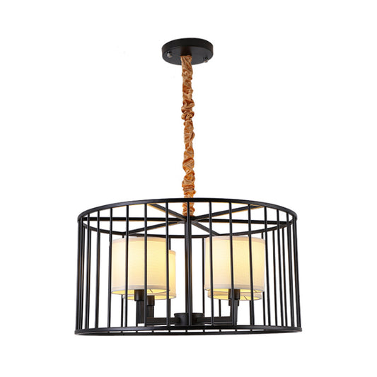 Cylinder Living Room Pendant Chandelier Classic Metal 4 Lights Black Hanging Fixture with Fabric Shade Clearhalo 'Ceiling Lights' 'Chandeliers' Lighting' options 560468