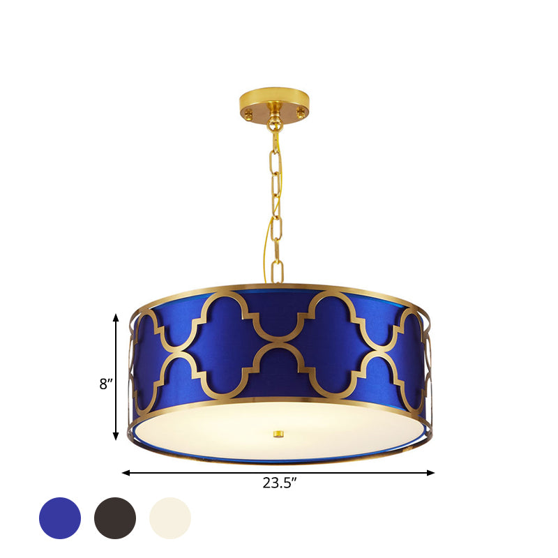 3 Lights Chandelier Light with Drum Shade Fabric Nordic Dining Room Ceiling Lamp in Black/White/Blue, 16"/19.5"/23.5" Wide Clearhalo 'Ceiling Lights' 'Chandeliers' Lighting' options 560476