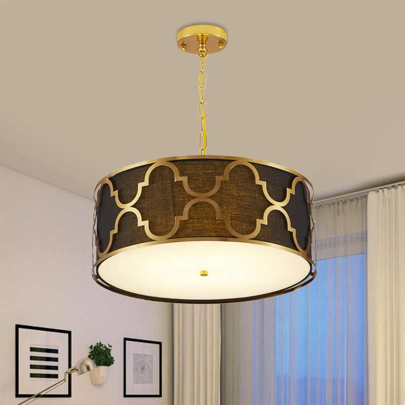 3 Lights Chandelier Light with Drum Shade Fabric Nordic Dining Room Ceiling Lamp in Black/White/Blue, 16"/19.5"/23.5" Wide Black Clearhalo 'Ceiling Lights' 'Chandeliers' Lighting' options 560477_50435ab8-a858-4930-8c7a-29fdc33a72a7
