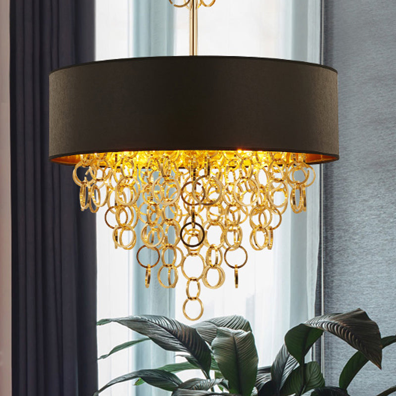 Cylinder Fabric Chandelier Lighting Vintage 3 Lights Living Room Pendant Lighting in Black with Gold Ring, 18"/23.5" Wide Clearhalo 'Ceiling Lights' 'Chandeliers' Lighting' options 560485