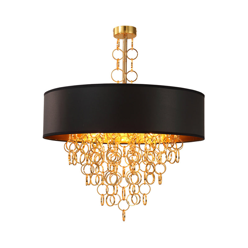 Cylinder Fabric Chandelier Lighting Vintage 3 Lights Living Room Pendant Lighting in Black with Gold Ring, 18"/23.5" Wide Clearhalo 'Ceiling Lights' 'Chandeliers' Lighting' options 560488
