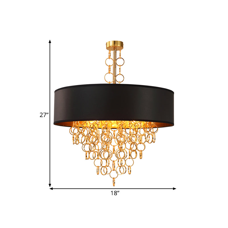 Cylinder Fabric Chandelier Lighting Vintage 3 Lights Living Room Pendant Lighting in Black with Gold Ring, 18"/23.5" Wide Clearhalo 'Ceiling Lights' 'Chandeliers' Lighting' options 560489