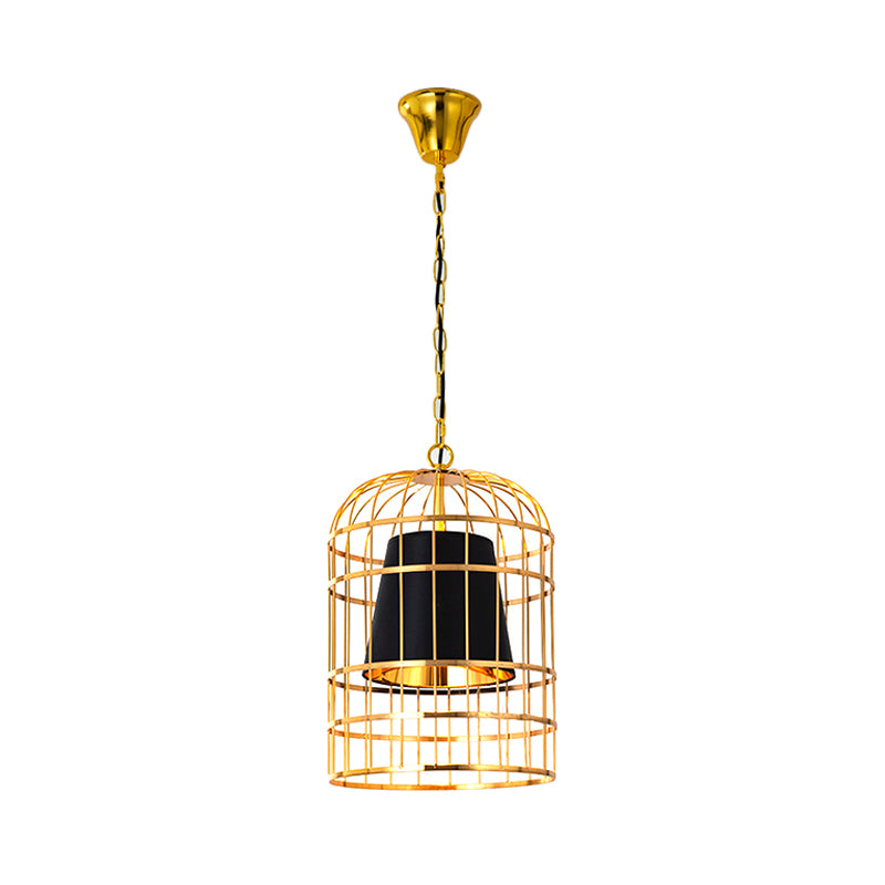 Black/White Bird Cage Ceiling Light Minimalistic Metal 1 Light Dining Room Pendant with Inner Cone Shade, 12"/16"/19.5" Wide Clearhalo 'Ceiling Lights' 'Chandeliers' Lighting' options 560505