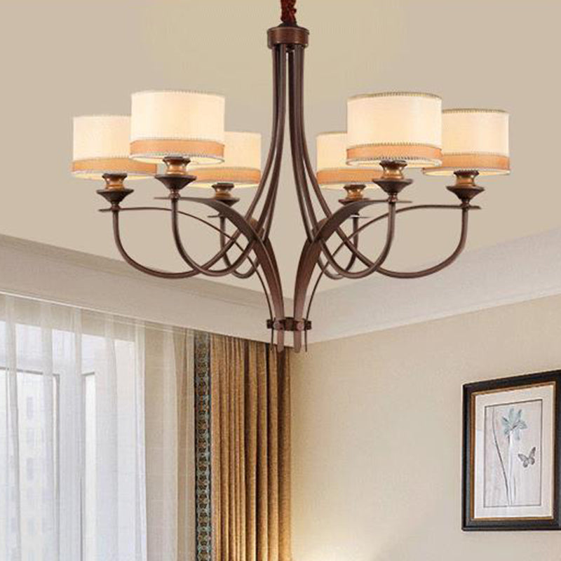 Light Tan 3/6 Lights Pendant Chandelier Classic Fabric Drum Hanging Light for Living Room Clearhalo 'Ceiling Lights' 'Chandeliers' Lighting' options 560590