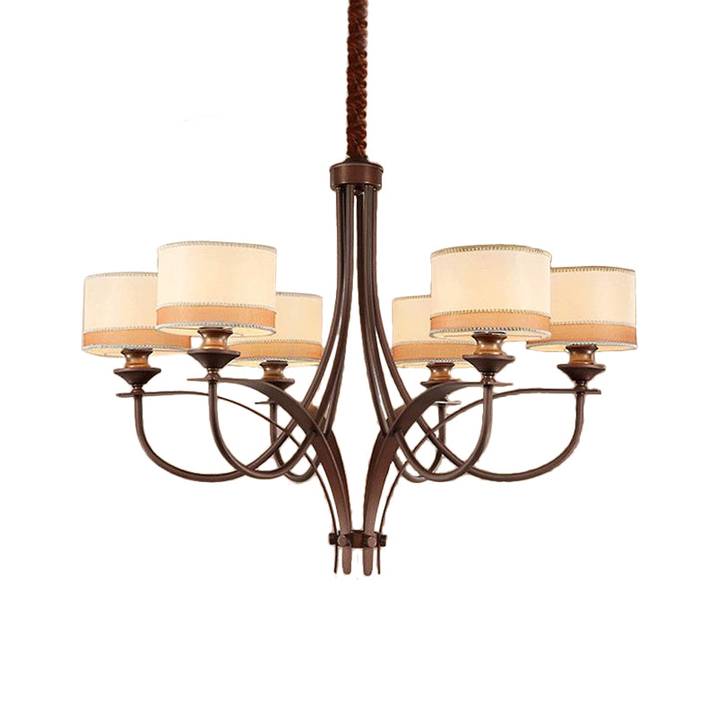 Light Tan 3/6 Lights Pendant Chandelier Classic Fabric Drum Hanging Light for Living Room Clearhalo 'Ceiling Lights' 'Chandeliers' Lighting' options 560592