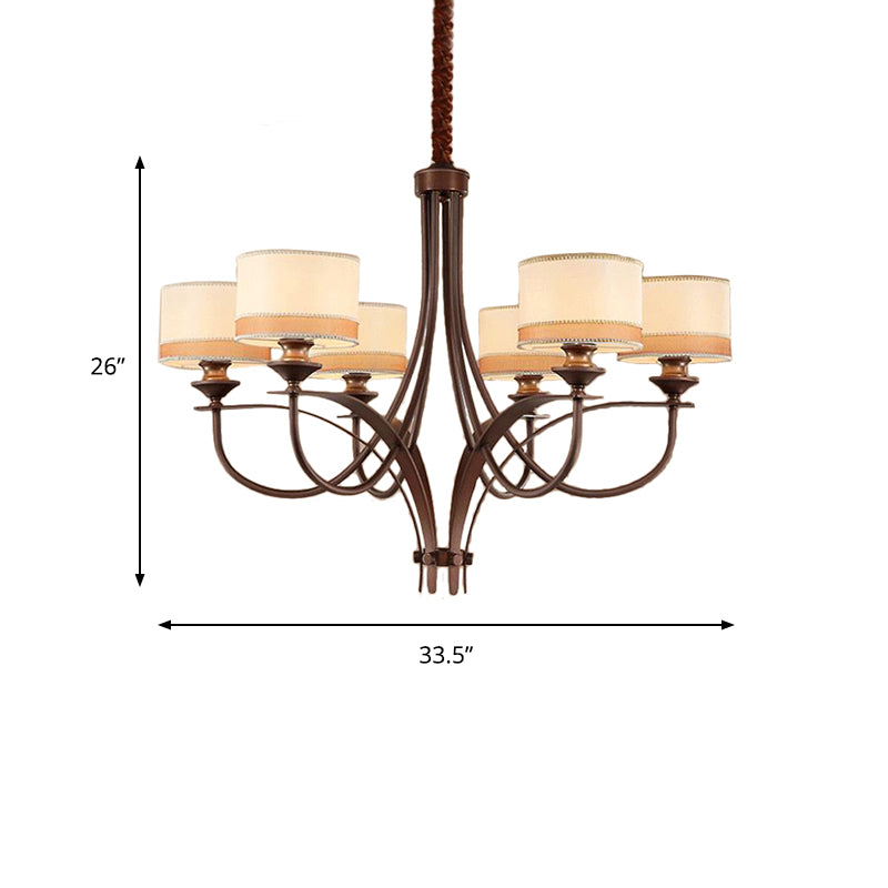 Light Tan 3/6 Lights Pendant Chandelier Classic Fabric Drum Hanging Light for Living Room Clearhalo 'Ceiling Lights' 'Chandeliers' Lighting' options 560594
