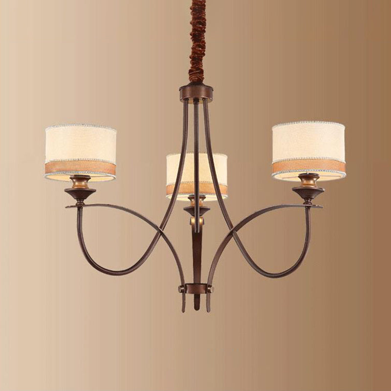 Light Tan 3/6 Lights Pendant Chandelier Classic Fabric Drum Hanging Light for Living Room Clearhalo 'Ceiling Lights' 'Chandeliers' Lighting' options 560597