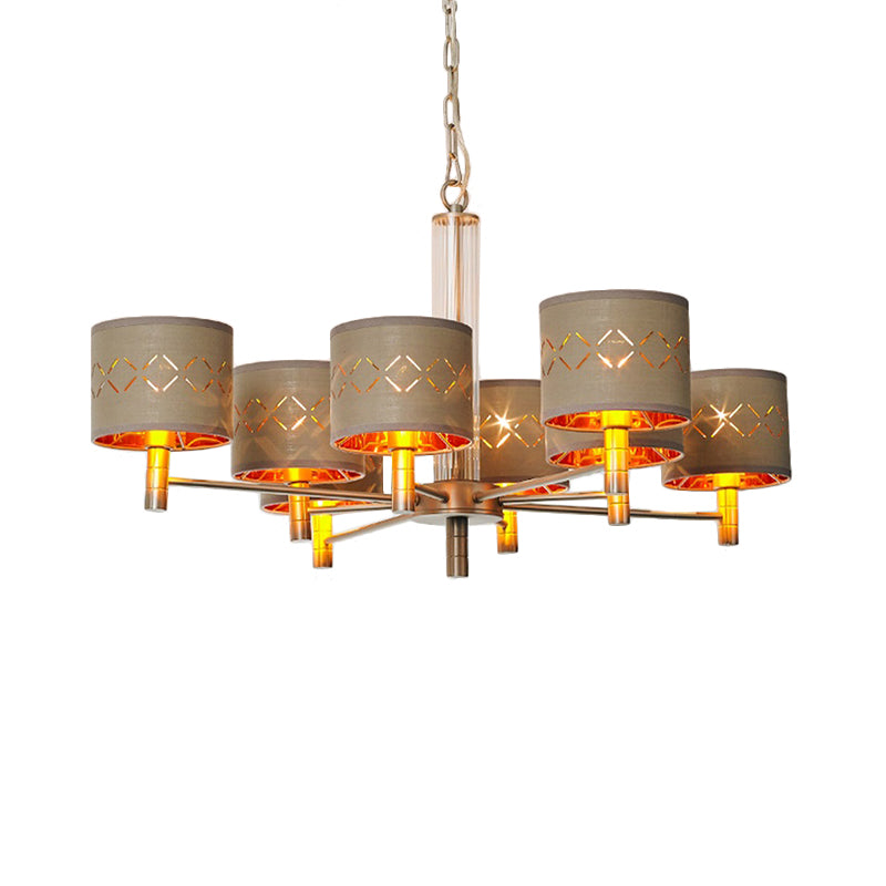 6/8 Bulbs Ceiling Lamp with Drum Fabric Shade Traditional Bedroom Chandelier Pendant Light in Brown Clearhalo 'Ceiling Lights' 'Chandeliers' Lighting' options 560645