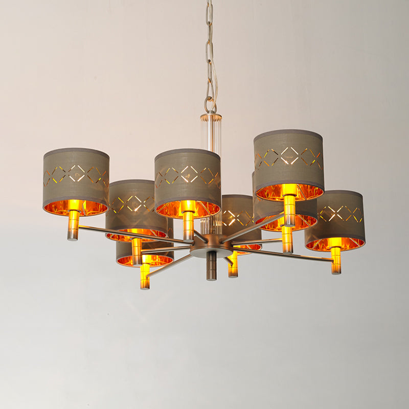6/8 Bulbs Ceiling Lamp with Drum Fabric Shade Traditional Bedroom Chandelier Pendant Light in Brown Clearhalo 'Ceiling Lights' 'Chandeliers' Lighting' options 560646