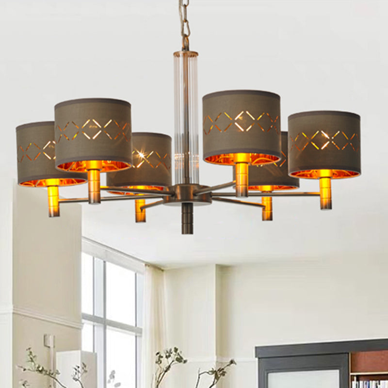 6/8 Bulbs Ceiling Lamp with Drum Fabric Shade Traditional Bedroom Chandelier Pendant Light in Brown Clearhalo 'Ceiling Lights' 'Chandeliers' Lighting' options 560648