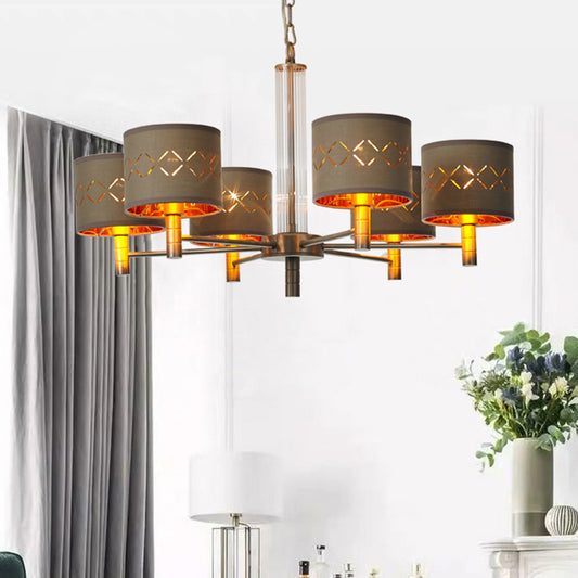 6/8 Bulbs Ceiling Lamp with Drum Fabric Shade Traditional Bedroom Chandelier Pendant Light in Brown Clearhalo 'Ceiling Lights' 'Chandeliers' Lighting' options 560649