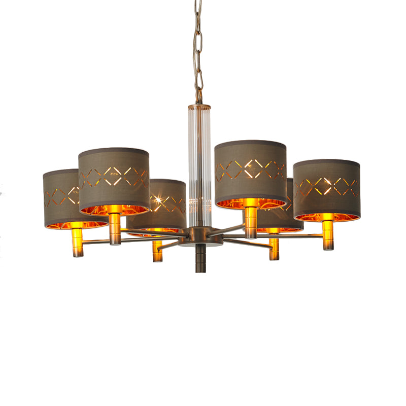 6/8 Bulbs Ceiling Lamp with Drum Fabric Shade Traditional Bedroom Chandelier Pendant Light in Brown Clearhalo 'Ceiling Lights' 'Chandeliers' Lighting' options 560650