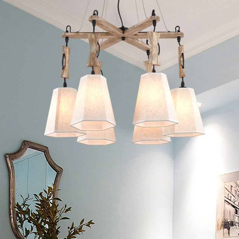 Tapered Fabric Chandelier Light Traditional 6 Lights Living Room Pendant Lighting in White/Black/Flaxen White Clearhalo 'Ceiling Lights' 'Chandeliers' Lighting' options 560653_b45a29f8-6abf-4488-86f4-2a7cafe77816
