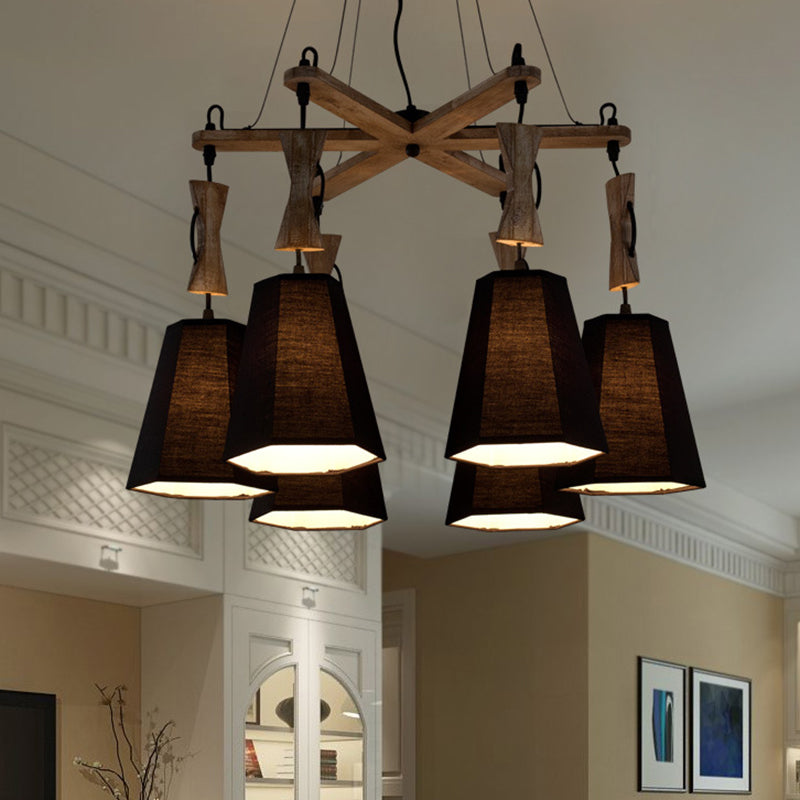 Tapered Fabric Chandelier Light Traditional 6 Lights Living Room Pendant Lighting in White/Black/Flaxen Black Clearhalo 'Ceiling Lights' 'Chandeliers' Lighting' options 560661_018cbe12-e86b-4b30-b34d-5b3ec8afe96a