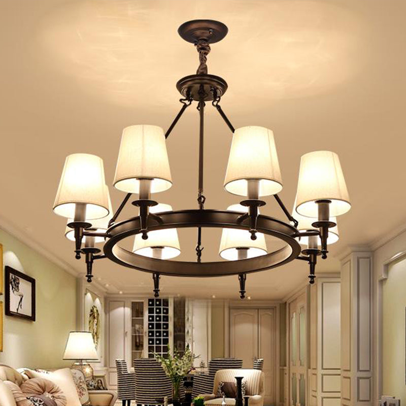 Tapered Living Room Pendant Chandelier Traditional Fabric 3/6/8 Lights Black Hanging Fixture with Wagon Wheel Design 8 Black Clearhalo 'Ceiling Lights' 'Chandeliers' Lighting' options 560665_b827ee2c-44fc-4e61-bf90-f8399f23a3cc
