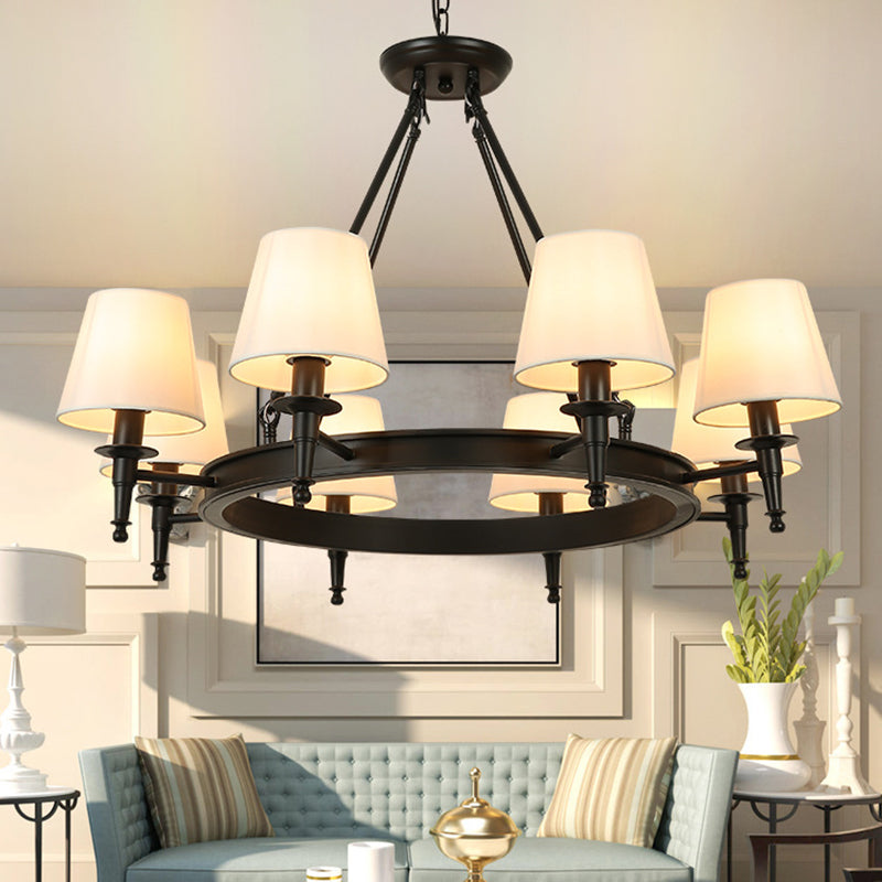 Tapered Living Room Pendant Chandelier Traditional Fabric 3/6/8 Lights Black Hanging Fixture with Wagon Wheel Design Clearhalo 'Ceiling Lights' 'Chandeliers' Lighting' options 560666