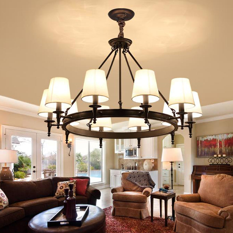 Tapered Living Room Pendant Chandelier Traditional Fabric 3/6/8 Lights Black Hanging Fixture with Wagon Wheel Design Clearhalo 'Ceiling Lights' 'Chandeliers' Lighting' options 560670
