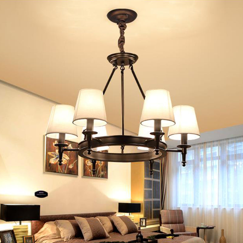 Tapered Living Room Pendant Chandelier Traditional Fabric 3/6/8 Lights Black Hanging Fixture with Wagon Wheel Design 6 Black Clearhalo 'Ceiling Lights' 'Chandeliers' Lighting' options 560674_afa5679c-95af-4a8d-99ff-b8004f27d6dd