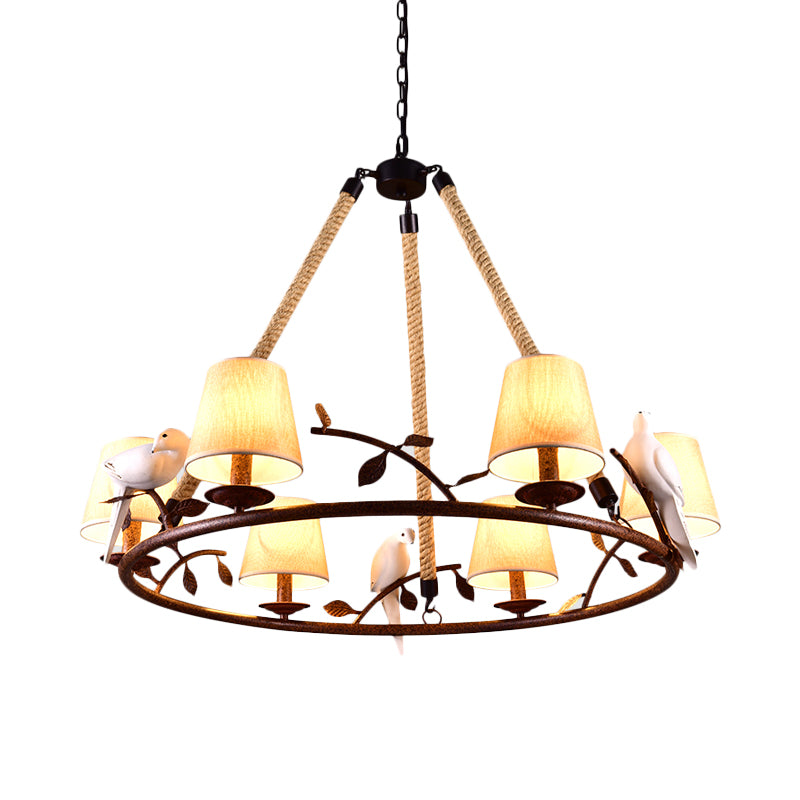 Beige 6 Lights Chandelier Light Fixture Traditional Fabric Wagon Wheel Pendant Lamp with Cone Shade Clearhalo 'Ceiling Lights' 'Chandeliers' Lighting' options 560702
