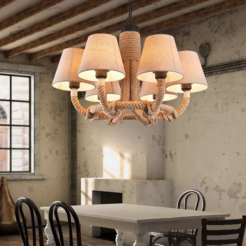 Beige 6 Lights Pendant Chandelier Classic Fabric and Rope Tapered Hanging Light for Dining Room Clearhalo 'Ceiling Lights' 'Chandeliers' Lighting' options 560704