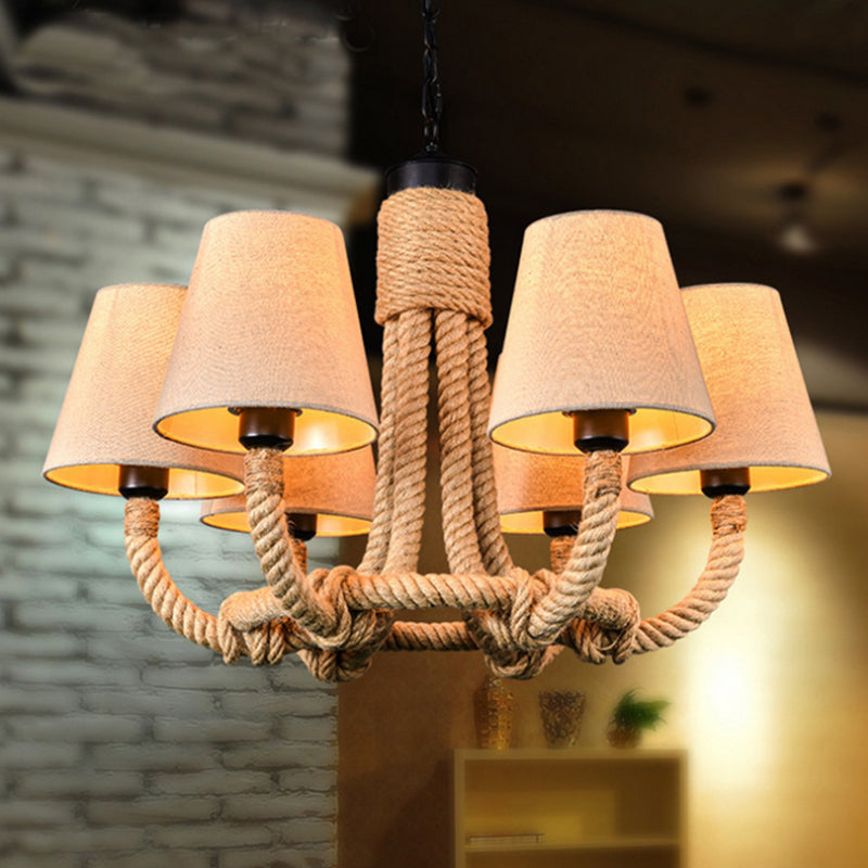 Beige 6 Lights Pendant Chandelier Classic Fabric and Rope Tapered Hanging Light for Dining Room Clearhalo 'Ceiling Lights' 'Chandeliers' Lighting' options 560705