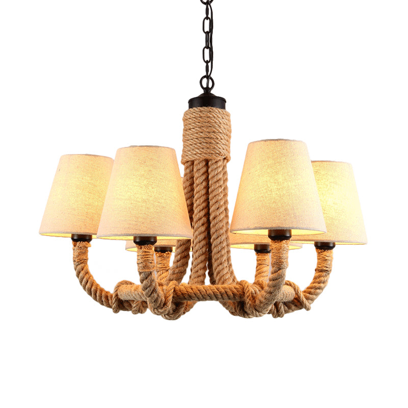 Beige 6 Lights Pendant Chandelier Classic Fabric and Rope Tapered Hanging Light for Dining Room Clearhalo 'Ceiling Lights' 'Chandeliers' Lighting' options 560706