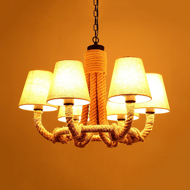 Beige 6 Lights Pendant Chandelier Classic Fabric and Rope Tapered Hanging Light for Dining Room Clearhalo 'Ceiling Lights' 'Chandeliers' Lighting' options 560707