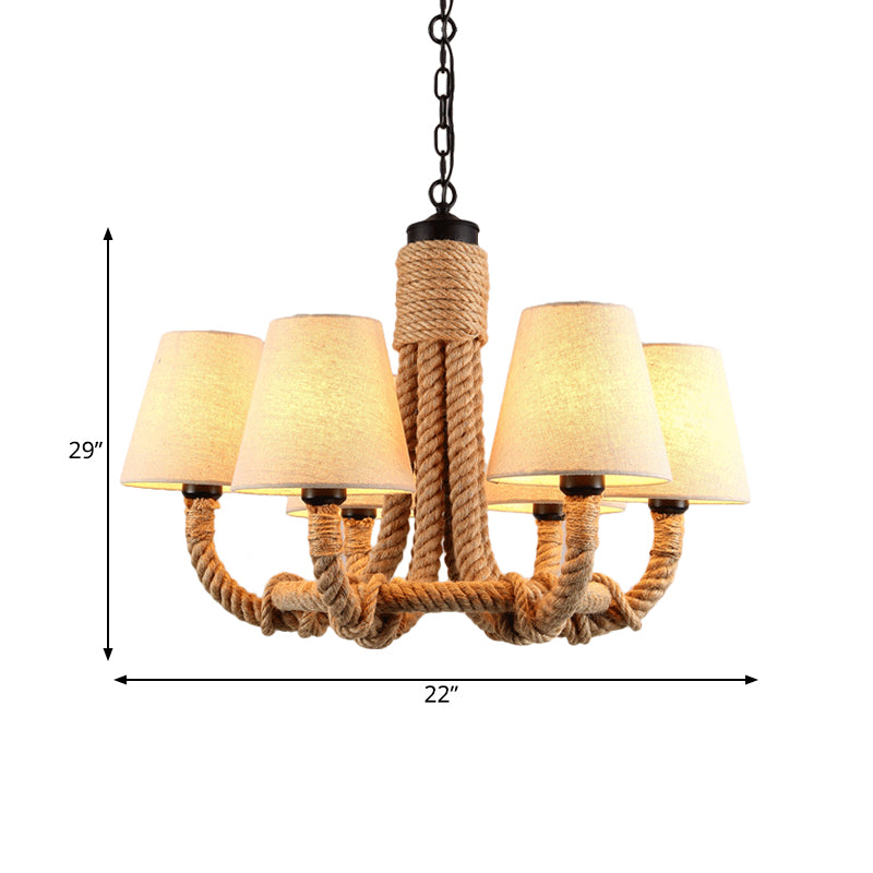 Beige 6 Lights Pendant Chandelier Classic Fabric and Rope Tapered Hanging Light for Dining Room Clearhalo 'Ceiling Lights' 'Chandeliers' Lighting' options 560708