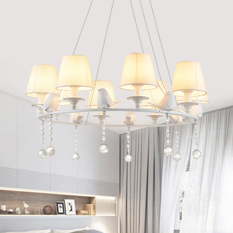 8 Lights Pendant Light Classic Cone Fabric Hanging Chandelier in White for Bedroom with Crystal Draping White Clearhalo 'Ceiling Lights' 'Chandeliers' Lighting' options 560719_1217020e-2b26-40dd-9a10-471fd8f44ebc