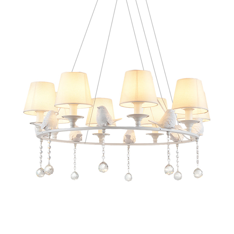 8 Lights Pendant Light Classic Cone Fabric Hanging Chandelier in White for Bedroom with Crystal Draping Clearhalo 'Ceiling Lights' 'Chandeliers' Lighting' options 560721