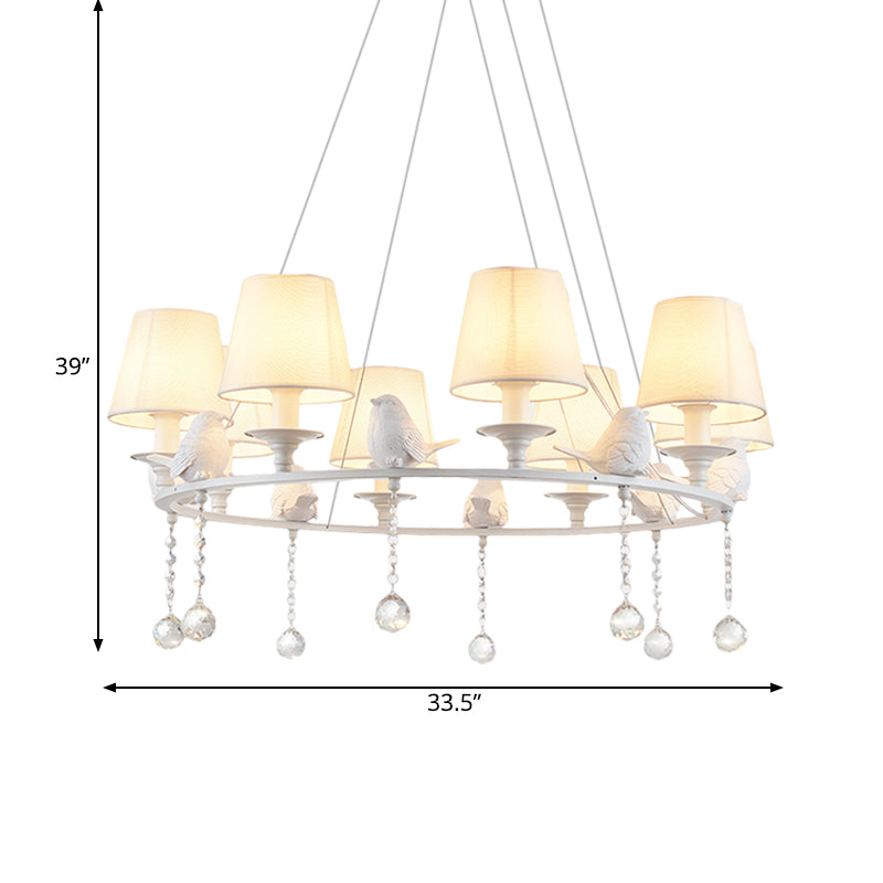 8 Lights Pendant Light Classic Cone Fabric Hanging Chandelier in White for Bedroom with Crystal Draping Clearhalo 'Ceiling Lights' 'Chandeliers' Lighting' options 560723