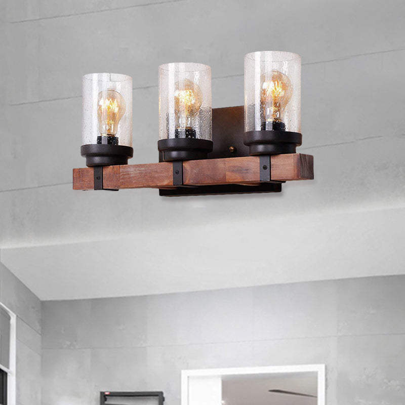 1/2/3 Light Wall Vanity Light with Cylinder Clear Seeded Glass Shade Classic Bathroom Sconce Lighting Fixture in Black Clearhalo 'Vanity Lights' 'Wall Lights' Lighting' 560809