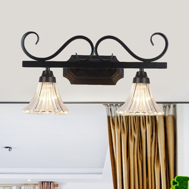 Black 2 Lights Wall Light Fixture Traditional Clear Textured Glass Bell Make-Up Lighting for Bathroom Clearhalo 'Vanity Lights' 'Wall Lights' Lighting' 560843