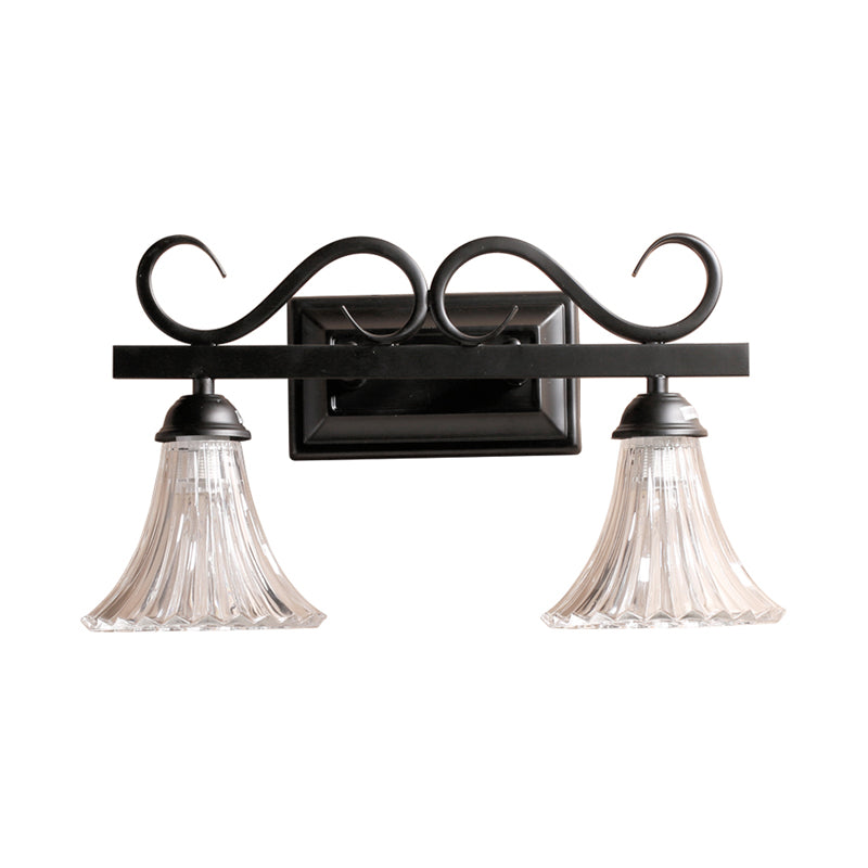 Black 2 Lights Wall Light Fixture Traditional Clear Textured Glass Bell Make-Up Lighting for Bathroom Clearhalo 'Vanity Lights' 'Wall Lights' Lighting' 560845