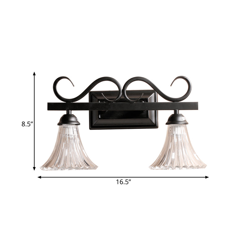 Black 2 Lights Wall Light Fixture Traditional Clear Textured Glass Bell Make-Up Lighting for Bathroom Clearhalo 'Vanity Lights' 'Wall Lights' Lighting' 560846