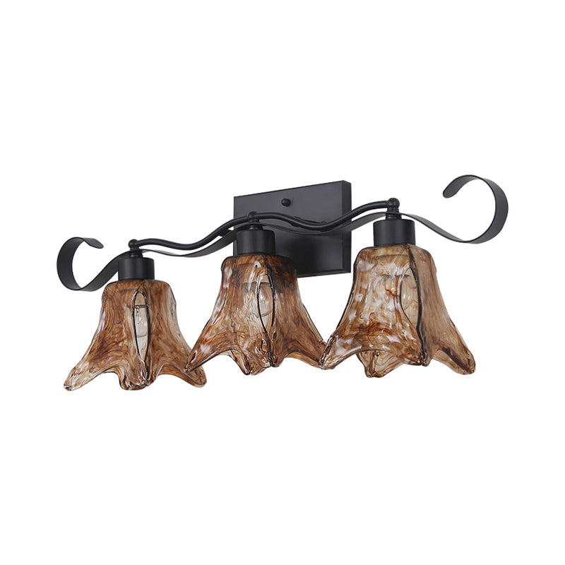 Tan Textured Glass Flower Shape Vanity Lighting Classic 2/3 Lights Bathroom Wall Mounted Lamp in Black Clearhalo 'Vanity Lights' 'Wall Lights' Lighting' 560855