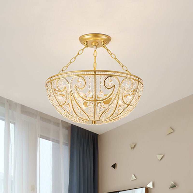 Bowl Shape Bedroom Flush Mount Lamp Crystal 1 Light Contemporary Semi Mount Lighting in Gold Gold Clearhalo 'Ceiling Lights' 'Close To Ceiling Lights' 'Close to ceiling' 'Semi-flushmount' Lighting' 560890