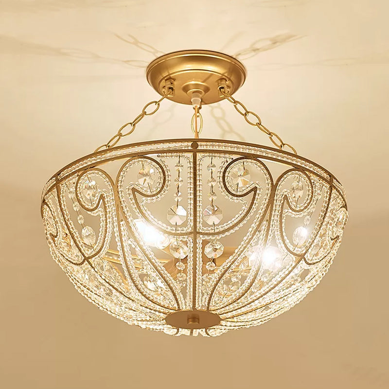 Bowl Shape Bedroom Flush Mount Lamp Crystal 1 Light Contemporary Semi Mount Lighting in Gold Clearhalo 'Ceiling Lights' 'Close To Ceiling Lights' 'Close to ceiling' 'Semi-flushmount' Lighting' 560892