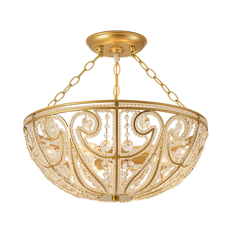 Bowl Shape Bedroom Flush Mount Lamp Crystal 1 Light Contemporary Semi Mount Lighting in Gold Clearhalo 'Ceiling Lights' 'Close To Ceiling Lights' 'Close to ceiling' 'Semi-flushmount' Lighting' 560893