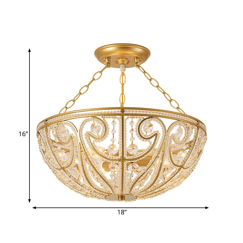 Bowl Shape Bedroom Flush Mount Lamp Crystal 1 Light Contemporary Semi Mount Lighting in Gold Clearhalo 'Ceiling Lights' 'Close To Ceiling Lights' 'Close to ceiling' 'Semi-flushmount' Lighting' 560894