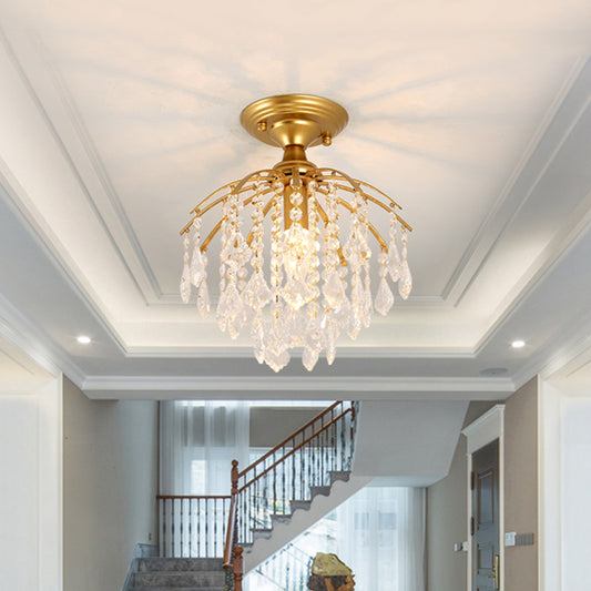 Crystal Cascading Semi Flush Lamp Traditional 1 Bulb Hallway Ceiling Light in Gold Gold Clearhalo 'Ceiling Lights' 'Close To Ceiling Lights' 'Close to ceiling' 'Semi-flushmount' Lighting' 560895