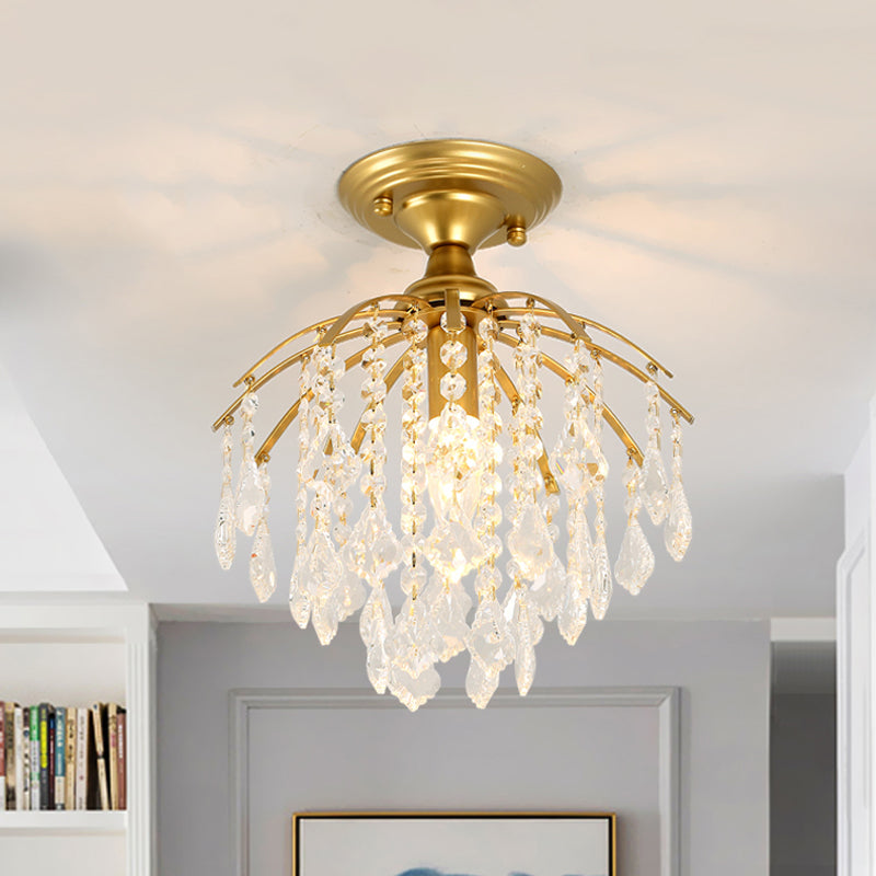 Crystal Cascading Semi Flush Lamp Traditional 1 Bulb Hallway Ceiling Light in Gold Clearhalo 'Ceiling Lights' 'Close To Ceiling Lights' 'Close to ceiling' 'Semi-flushmount' Lighting' 560896