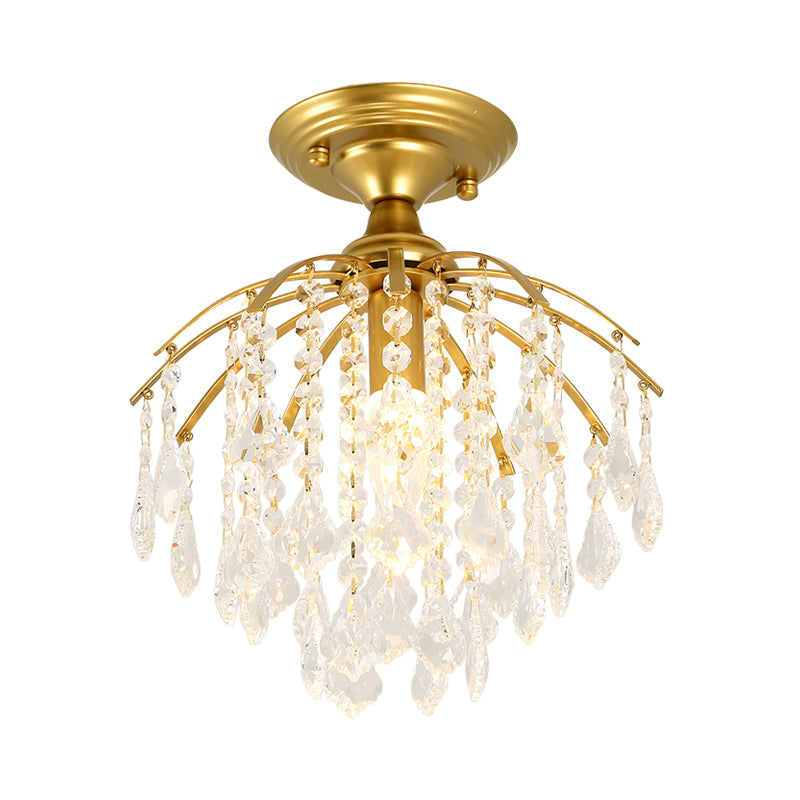 Crystal Cascading Semi Flush Lamp Traditional 1 Bulb Hallway Ceiling Light in Gold Clearhalo 'Ceiling Lights' 'Close To Ceiling Lights' 'Close to ceiling' 'Semi-flushmount' Lighting' 560898