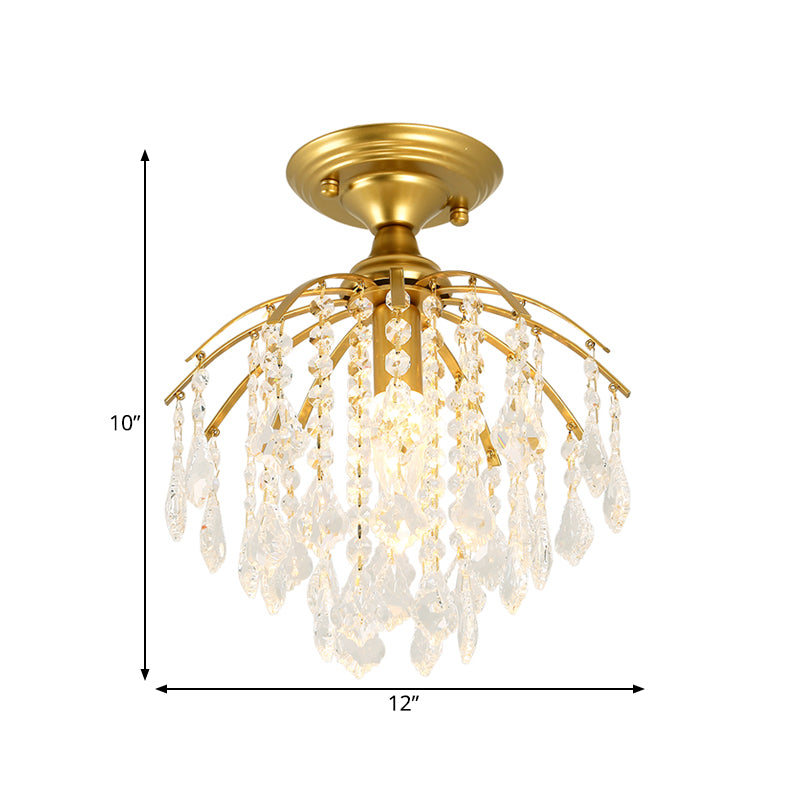 Crystal Cascading Semi Flush Lamp Traditional 1 Bulb Hallway Ceiling Light in Gold Clearhalo 'Ceiling Lights' 'Close To Ceiling Lights' 'Close to ceiling' 'Semi-flushmount' Lighting' 560899