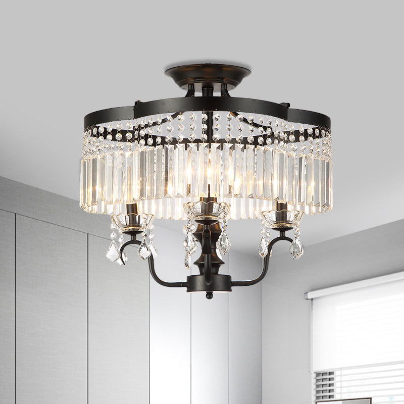 Iron Floral Frame Semi Flush Chandelier Transitional 4/6-Light Ceiling Lamp with Crystal Cascade in Black/Gold 4 Black Clearhalo 'Ceiling Lights' 'Close To Ceiling Lights' 'Close to ceiling' 'Semi-flushmount' Lighting' 560910