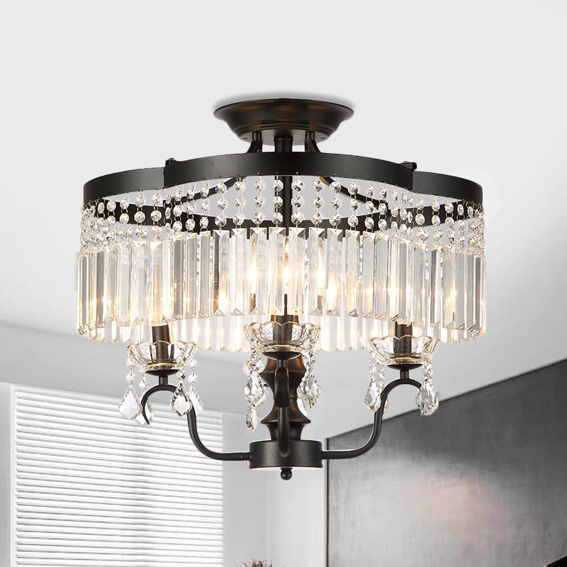 Iron Floral Frame Semi Flush Chandelier Transitional 4/6-Light Ceiling Lamp with Crystal Cascade in Black/Gold Clearhalo 'Ceiling Lights' 'Close To Ceiling Lights' 'Close to ceiling' 'Semi-flushmount' Lighting' 560911